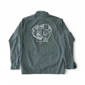Rare - RTH Army Green Button-Up Shirt with Skull Graphic